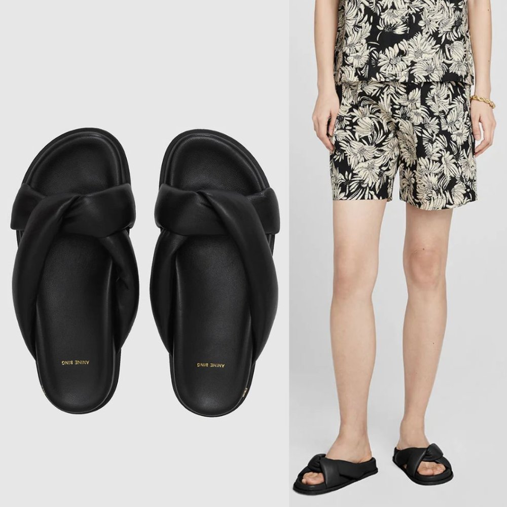 ❌SOLD❌Anine Bing Kiva Slide Sandals Sz 37 Black Leather Padded Crossover Straps - Picture 2 of 9
